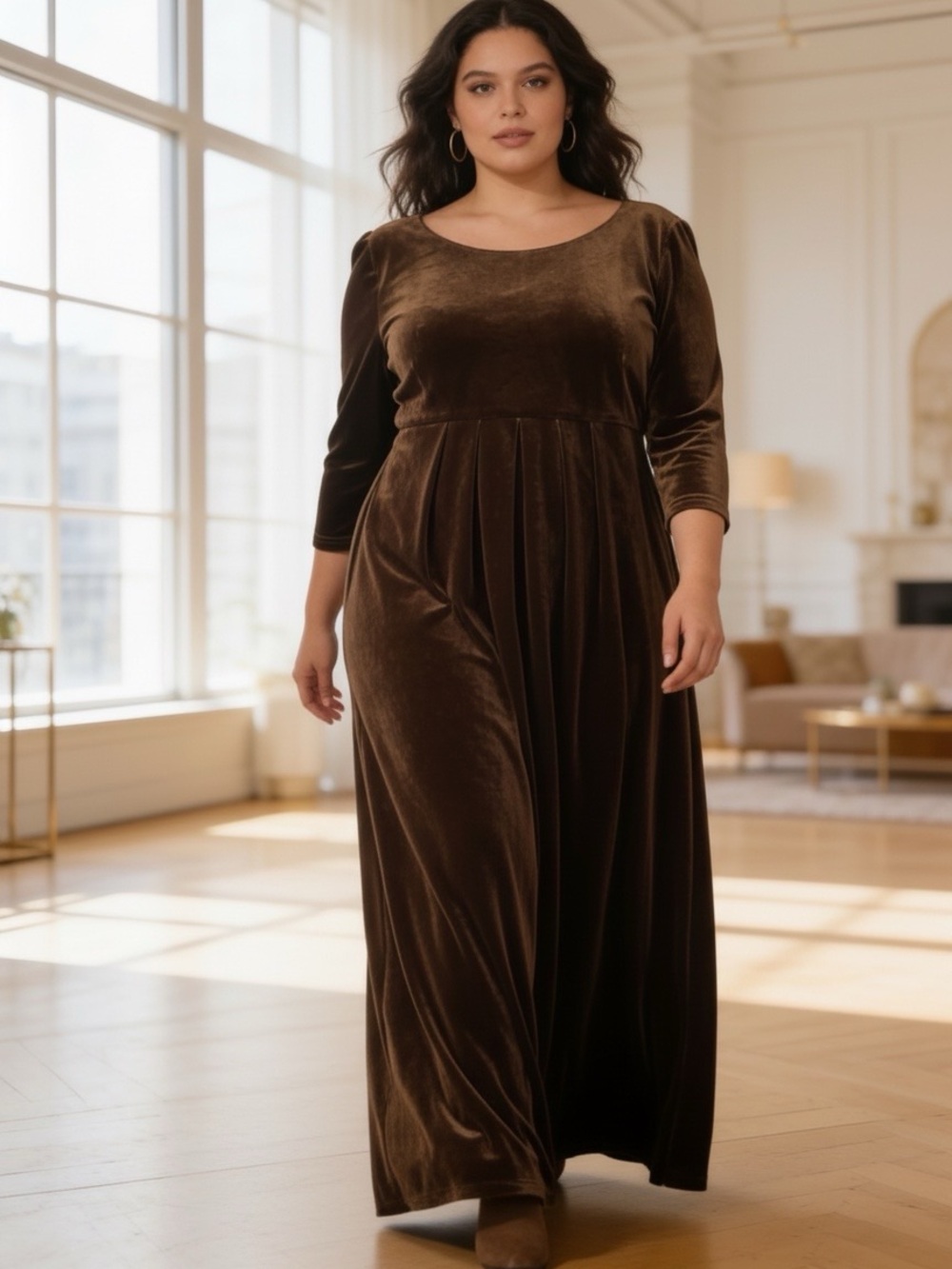 Coldwater Creek Brown Velvet 3/4 Sleeve Maxi Dress PXL, Minimalist Goth, Regency